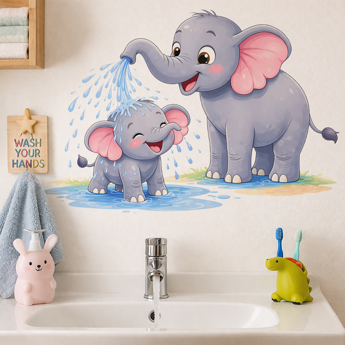 Home Bathroom Scene - New Cartoon Elephant Wall Stickers for